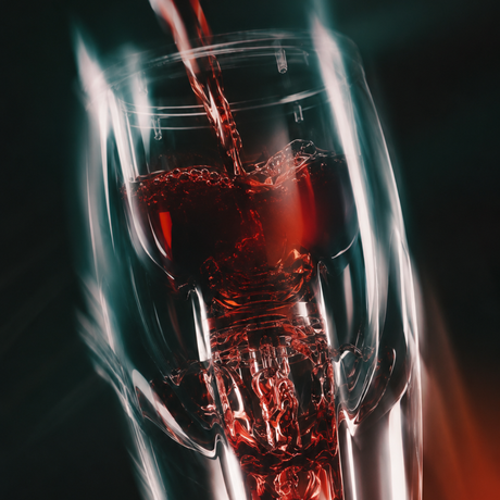 Red wine being poured into a wine aerator with a dark background