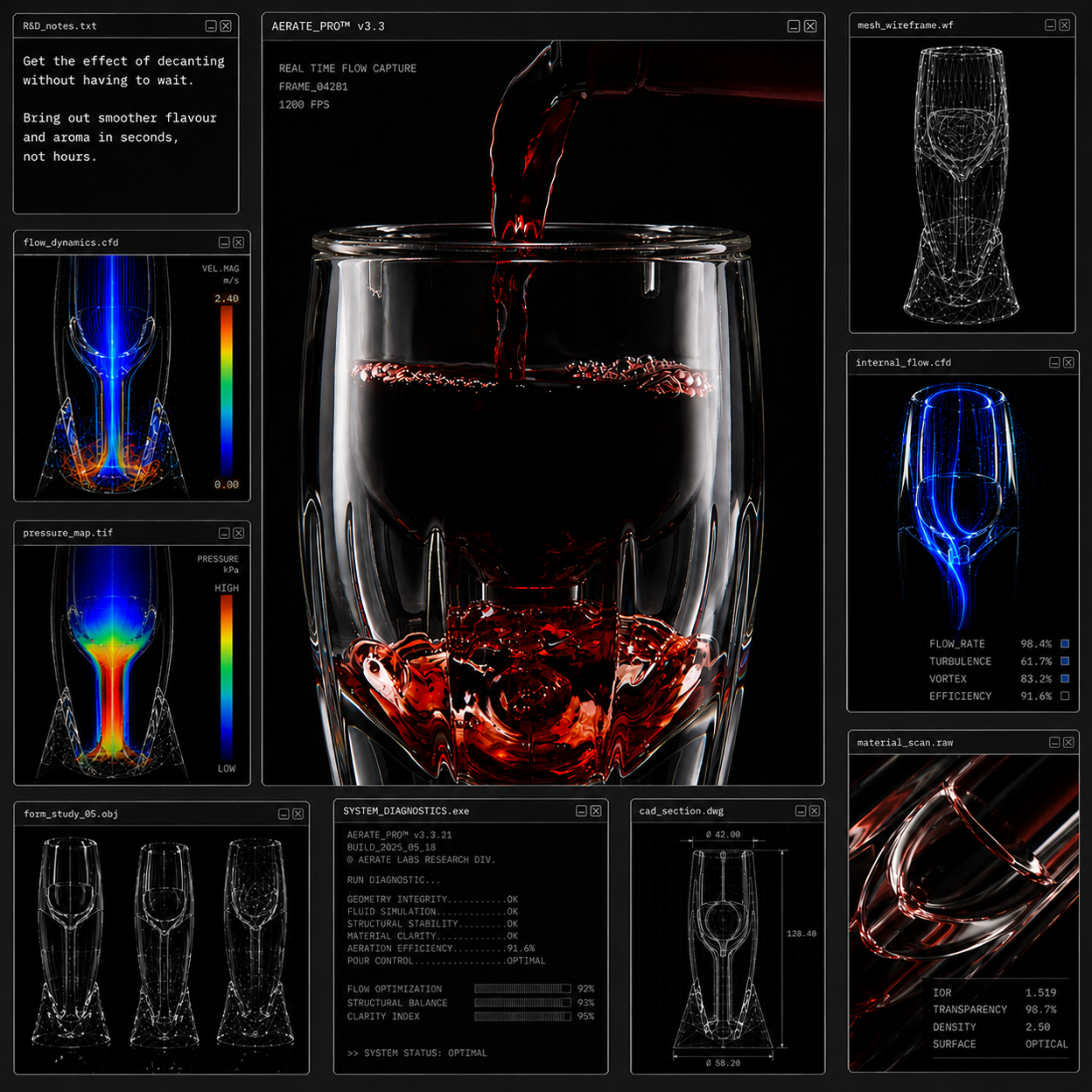3D rendered wine aerator with various views and analysis tools on a dark background