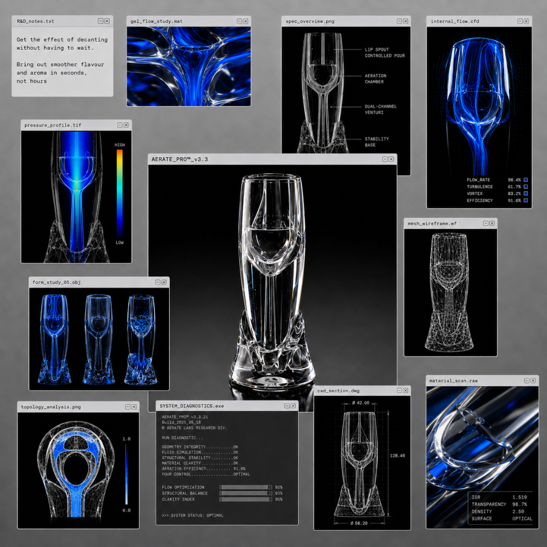 3D rendered wine aerator with various views and analysis tools on a dark background