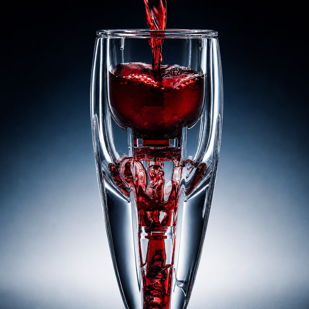 Red wine being poured through a wine aerator against a gradient background