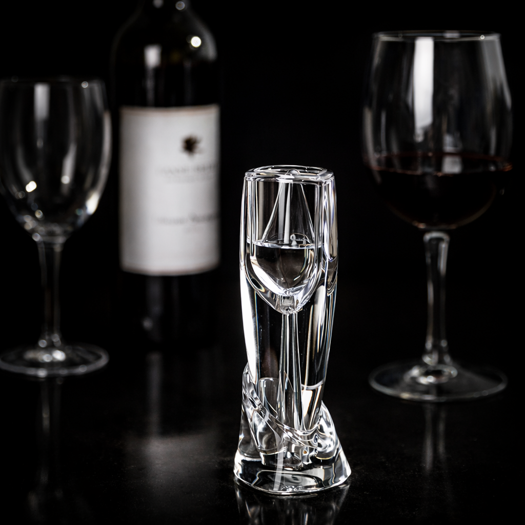 Clear wine aerator with wine glasses and a bottle in the background