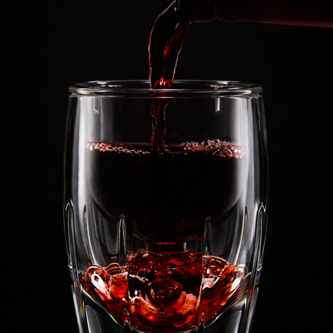 Red wine being poured through a wine aerator against a black background