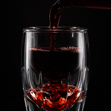 Red wine being poured through a wine aerator against a black background