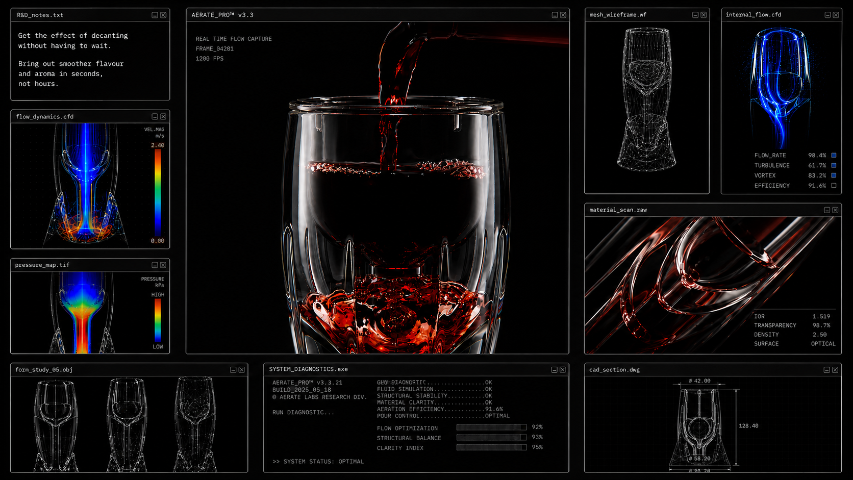 3D rendered wine aerator with various views and analysis tools on a dark background